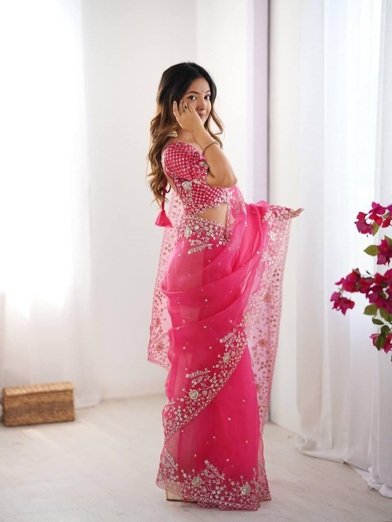 Hot Pink Embroidered Organza Ready to Wear pleated Saree with Stitched Designer Blouse
