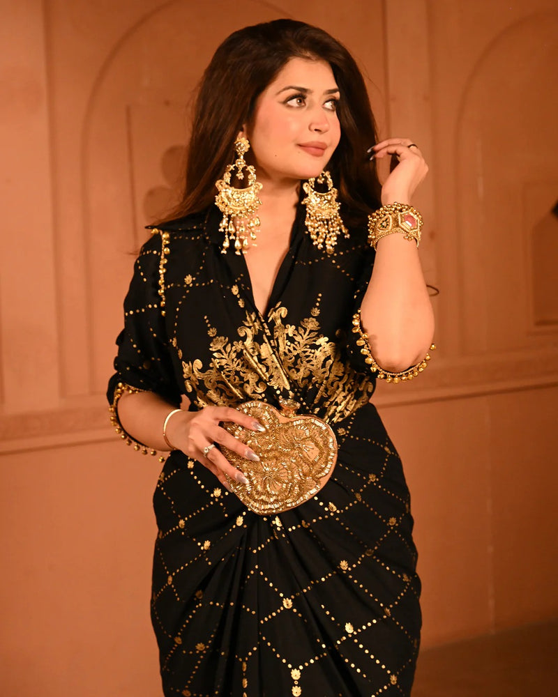 Cotton Rayon Black Ghunghroo Foil Shirtdress