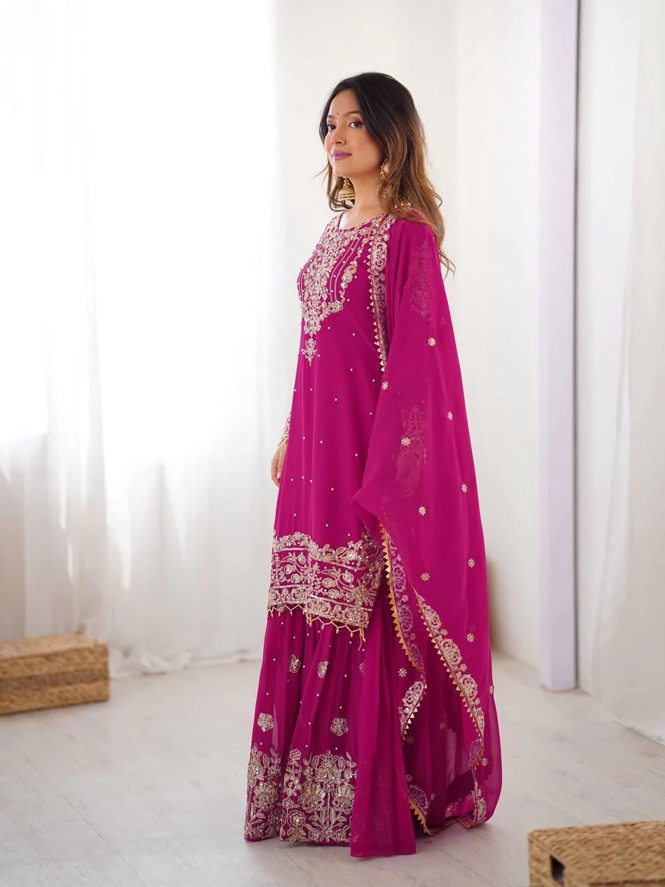 Georgette Red Sharara Suit with Zari Jhalak Work