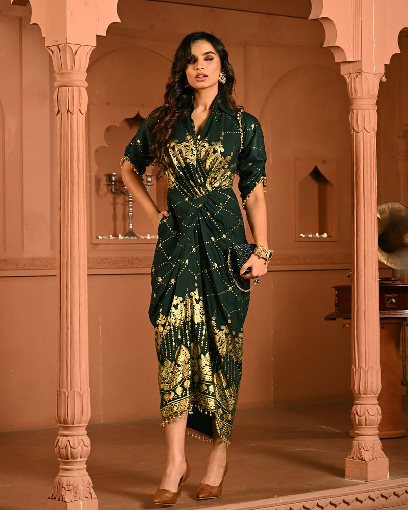 Cotton Rayon Green Ghunghroo Foil Shirtdress