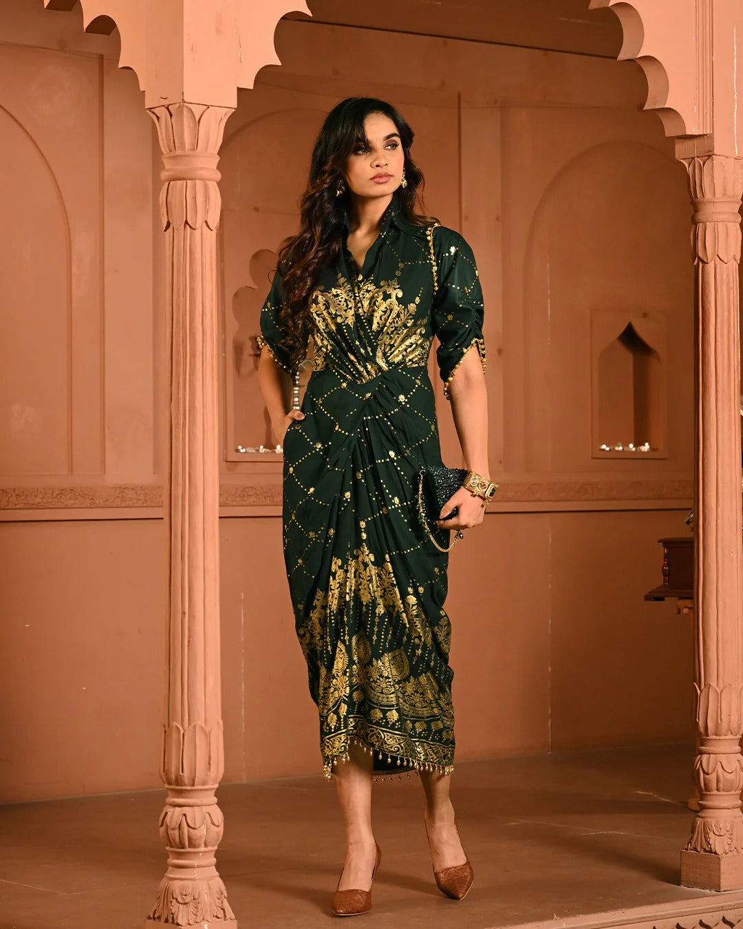 Cotton Rayon Green Ghunghroo Foil Shirtdress