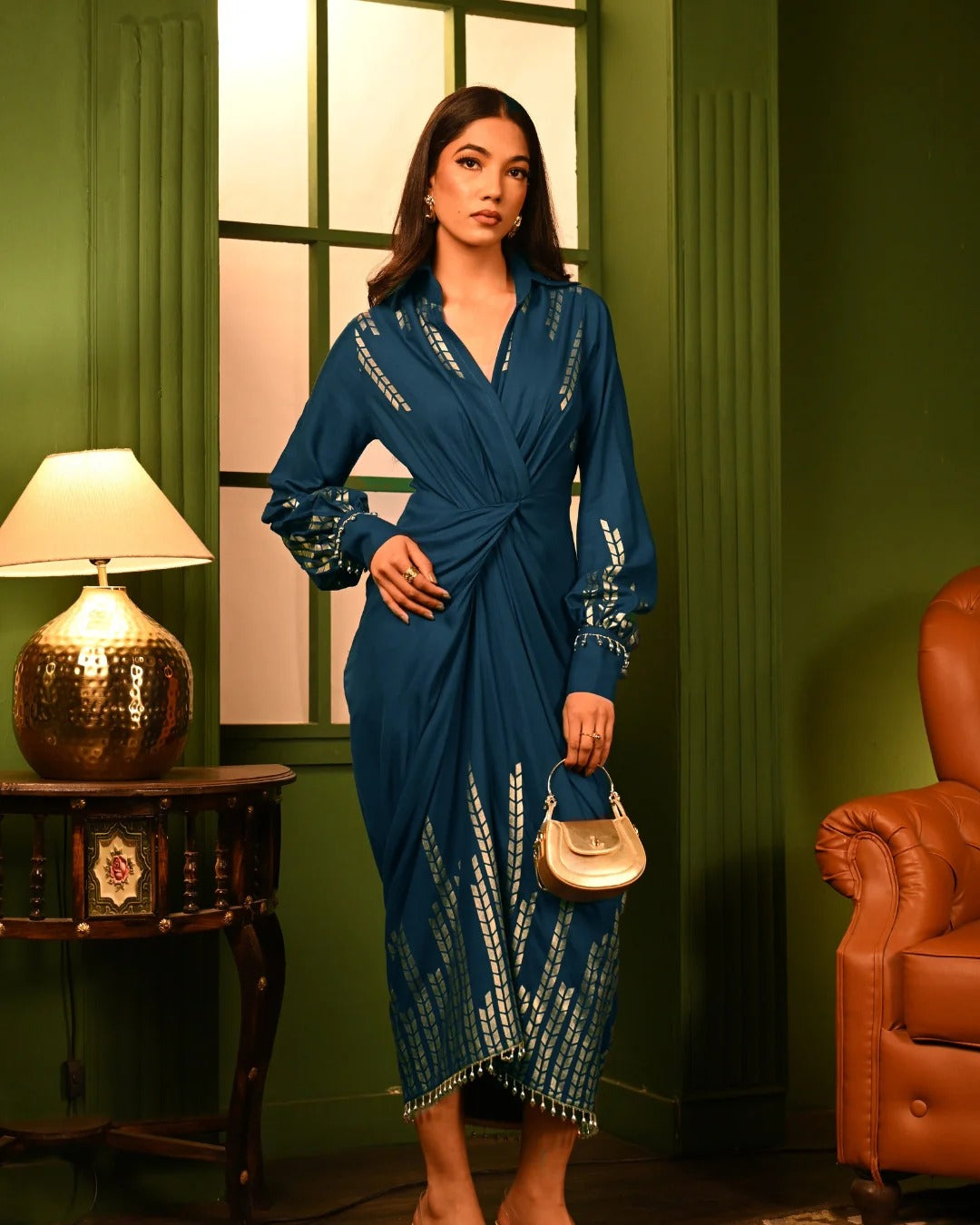 Soft Rayon Blue Oak Foil Shirtdress
