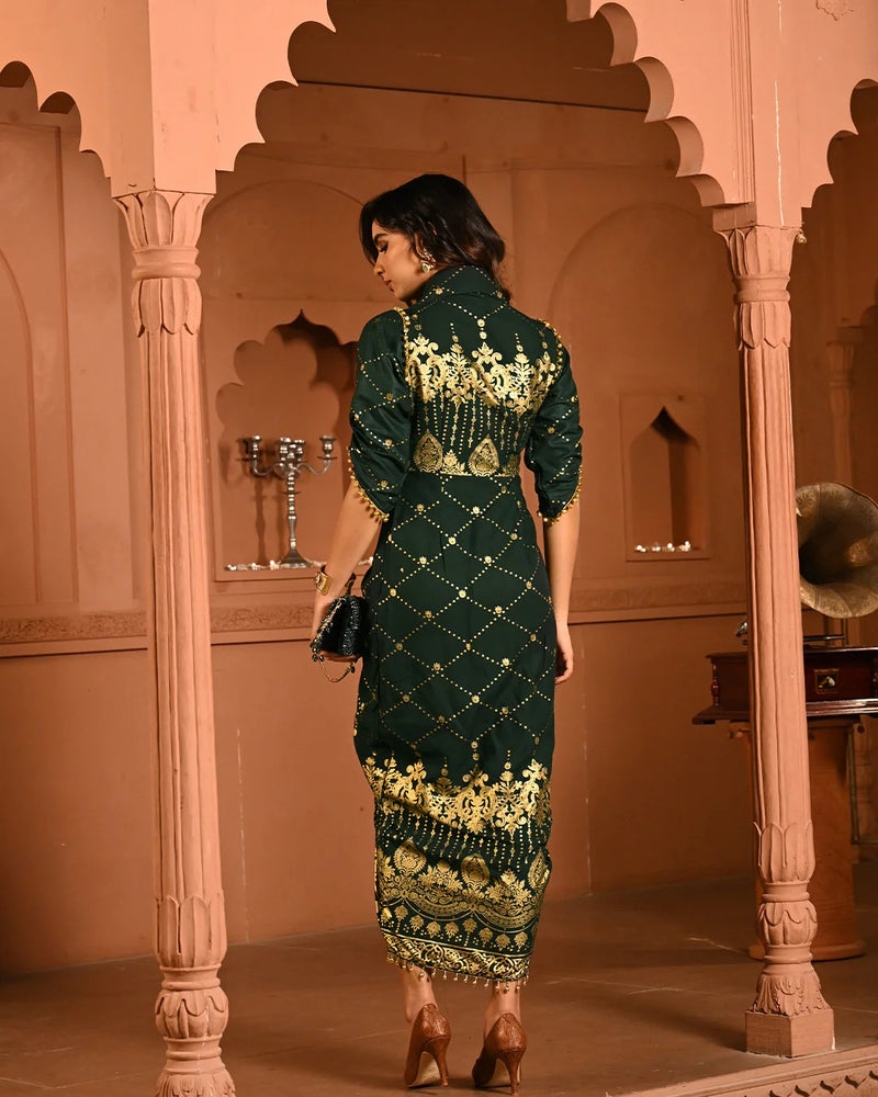 Cotton Rayon Green Ghunghroo Foil Shirtdress