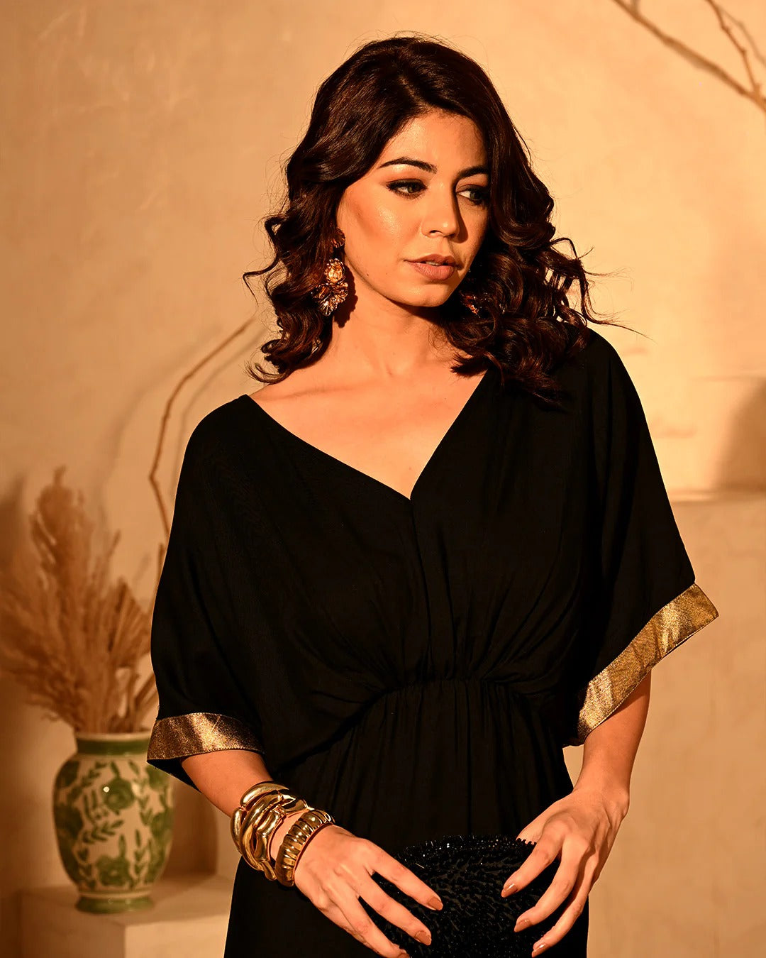 Noir Luxe Gold Foil Fringe Drape Dress