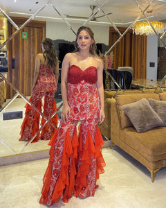 Red Floral Embellished Ruffle Jumpsuit Gown