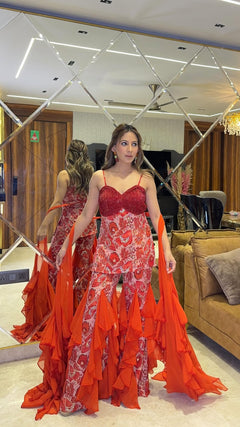 Red Floral Embellished Ruffle Jumpsuit Gown