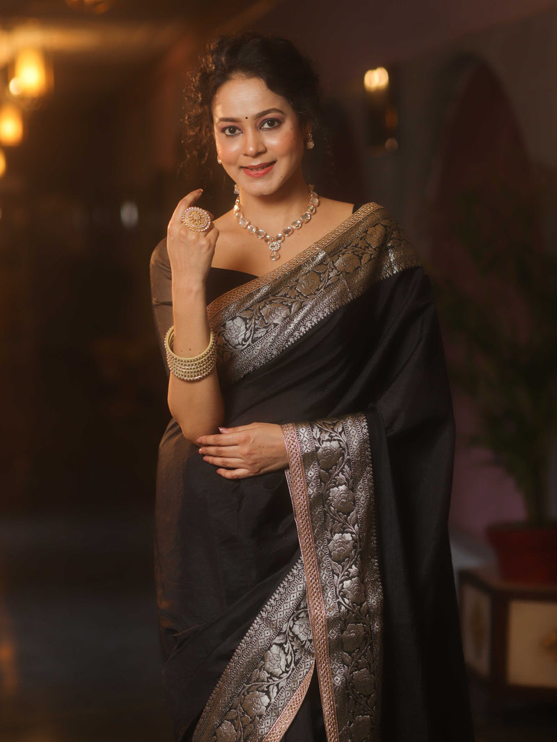 Midnight Grace Banarasi Handwoven Semi-Silk Saree with Zari Border Stiched Blouse