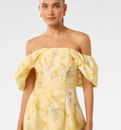 Linen Blend Gold Off Shoulder Dress