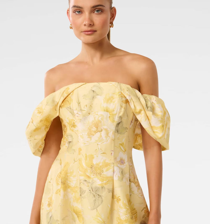 Linen Blend Gold Off Shoulder Dress