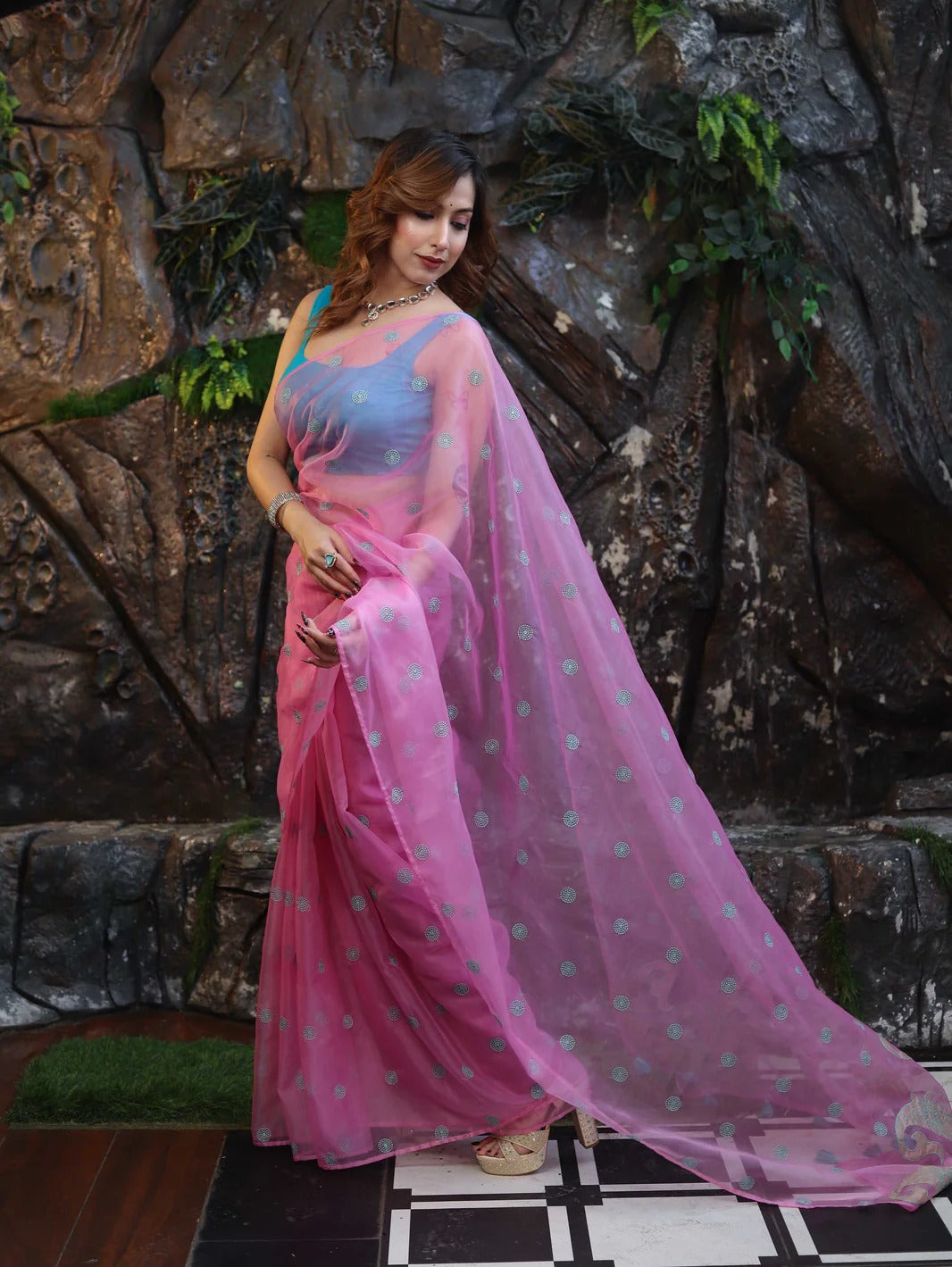 Vastra Veda Ivory Organza Banarasi Butti Saree with Red Embroidery with a Stitched Blouse
