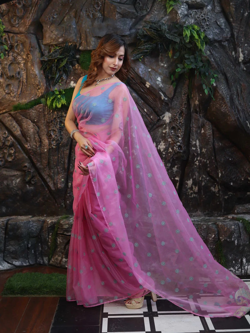 Vastra Veda Ivory Organza Banarasi Butti Saree with Red Embroidery with a Stitched Blouse