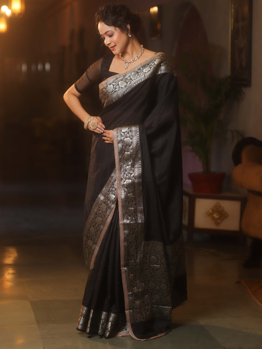 Midnight Grace Banarasi Handwoven Semi-Silk Saree with Zari Border Stiched Blouse