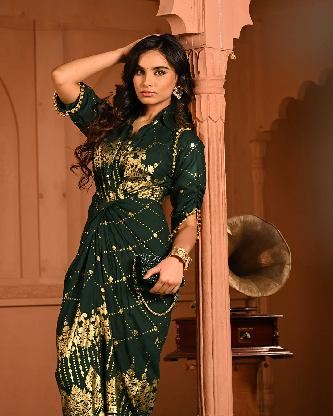 Cotton Rayon Green Ghunghroo Foil Shirtdress