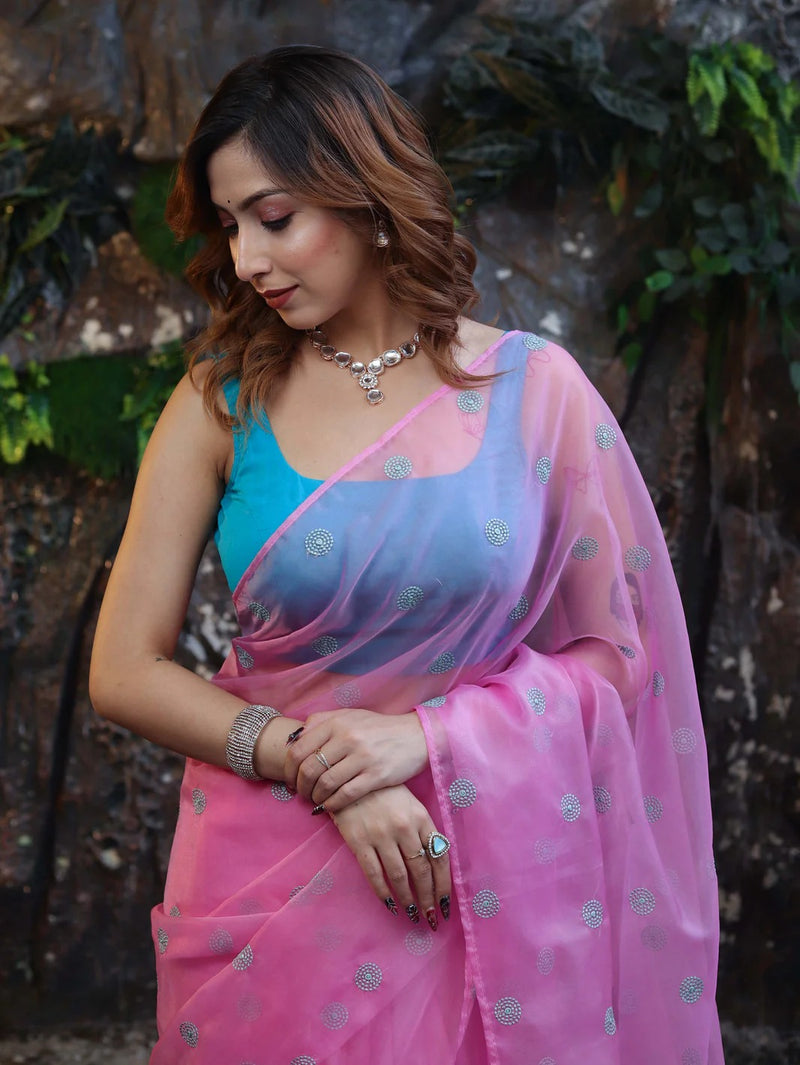 Vastra Veda Ivory Organza Banarasi Butti Saree with Red Embroidery with a Stitched Blouse