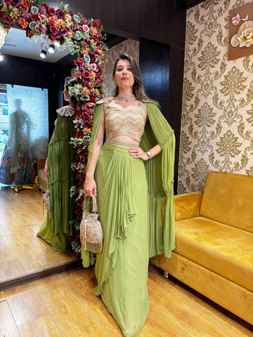 Green Pleated Crop Skirt Flower Sleeves