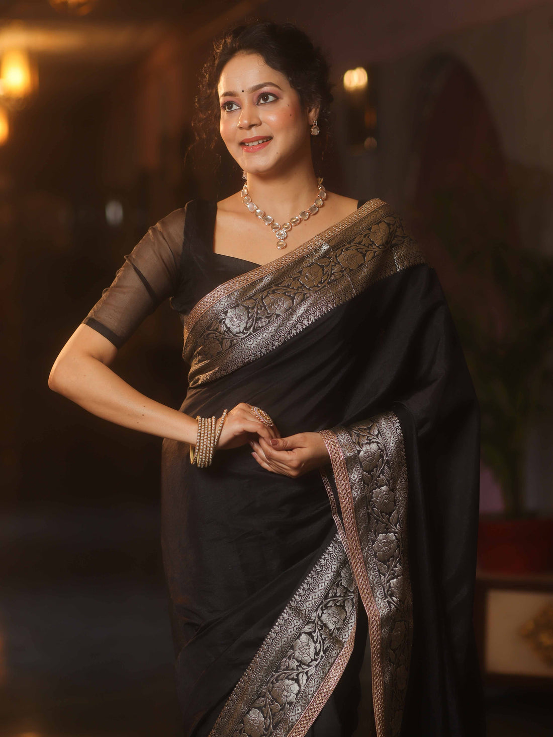 Midnight Grace Banarasi Handwoven Semi-Silk Saree with Zari Border Stiched Blouse
