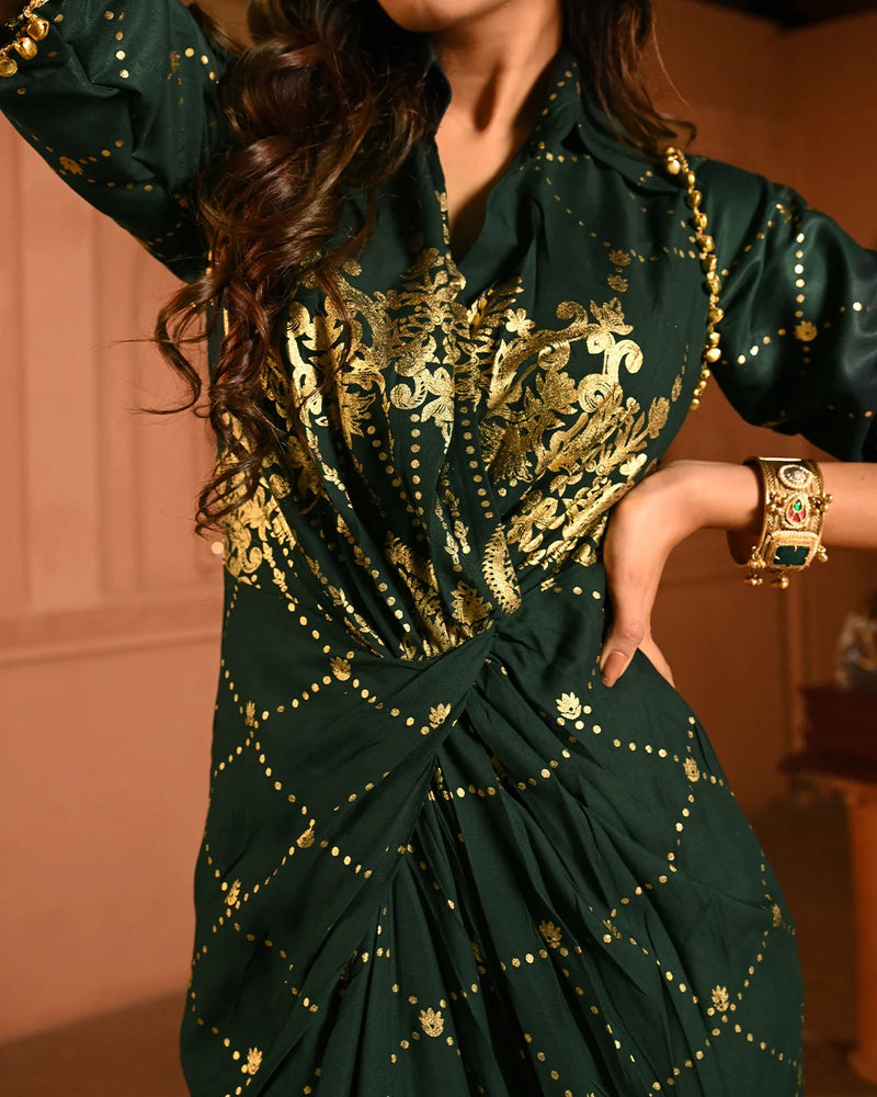 Cotton Rayon Green Ghunghroo Foil Shirtdress