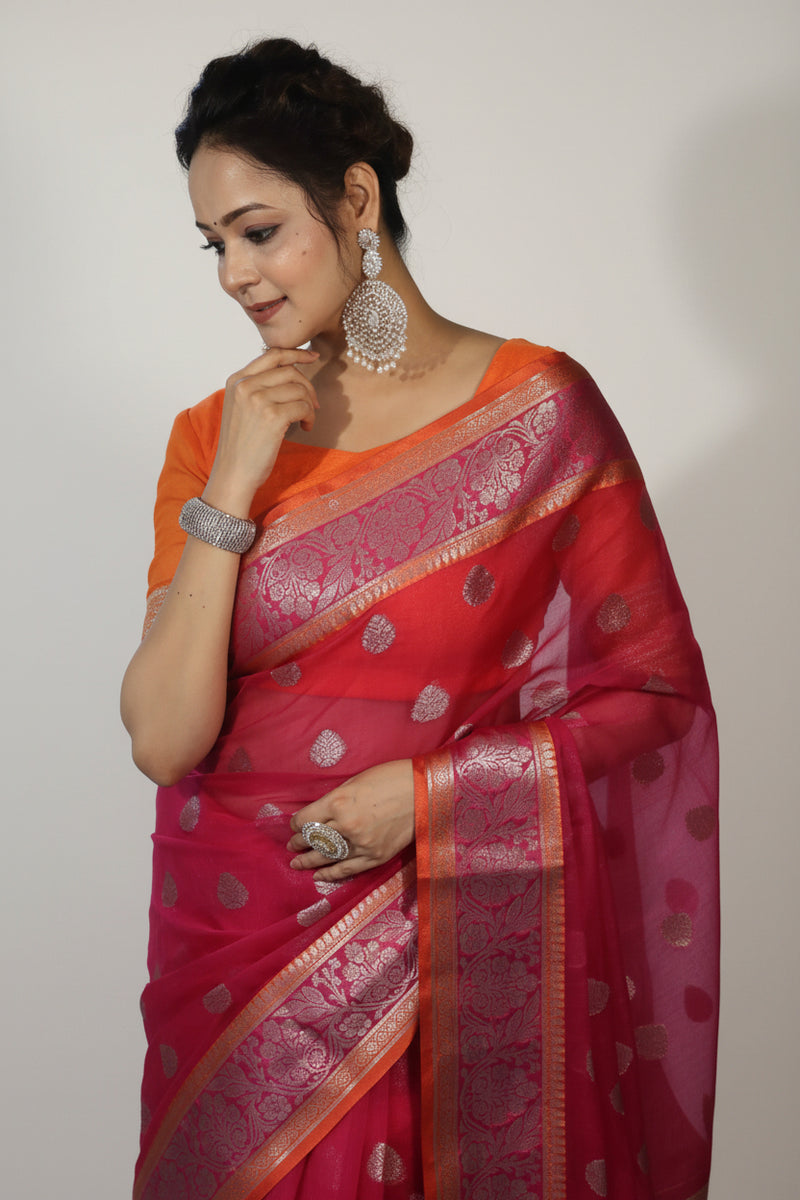 Banarasi Organza Saree with Gold Butti and Zari Border in Rani Pink