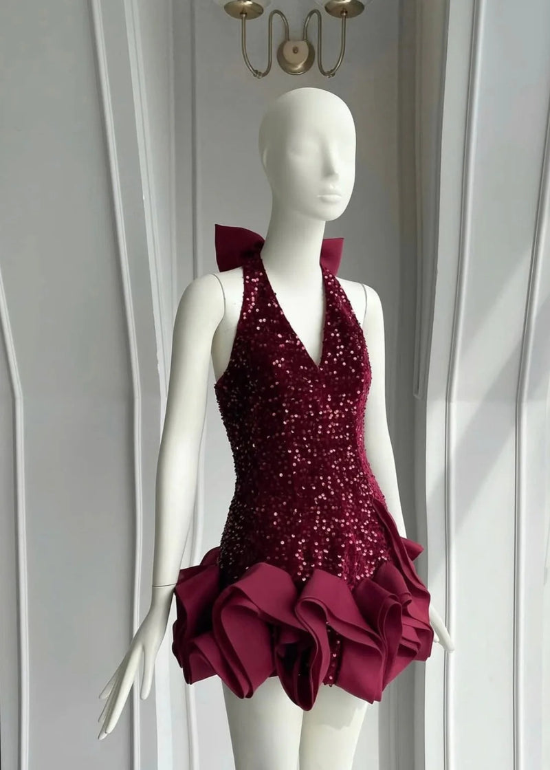 Cherry Sequin Halter Neck Waves Dress