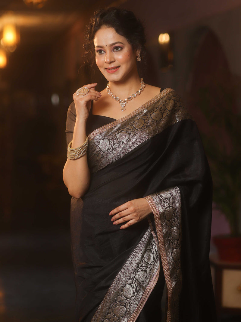Midnight Grace Banarasi Handwoven Semi-Silk Saree with Zari Border Stiched Blouse