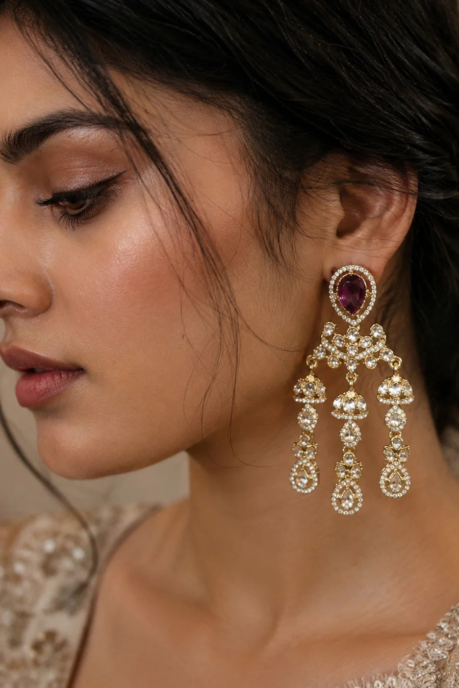 Royal Amethyst Zircon Polki Chandelier Earrings