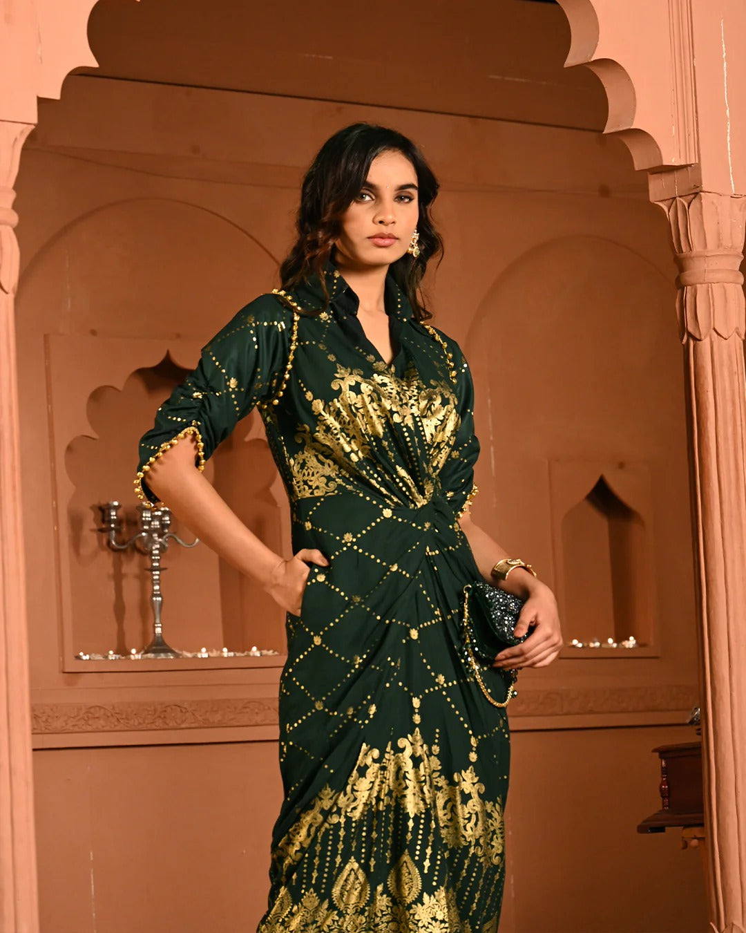 Cotton Rayon Green Ghunghroo Foil Shirtdress