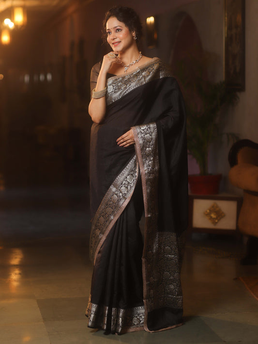 Midnight Grace Banarasi Handwoven Semi-Silk Saree with Zari Border