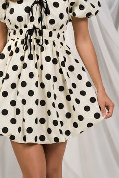 White Linen-Polyester Polka Bubble Dress