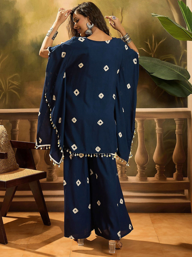 Rayon Blue Beige Bandhej Kaftan Set