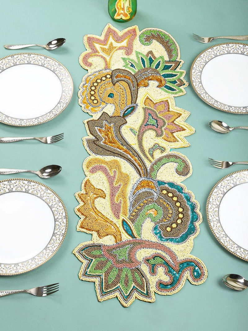 Yellow Green Beaded Floral Table Runner