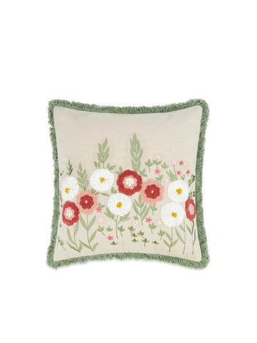 Red Green Floral Embroidered Cushion Cover