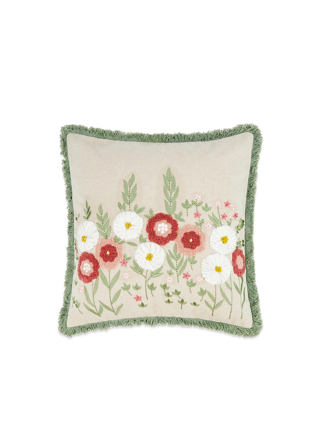 Red Green Floral Embroidered Cushion Cover