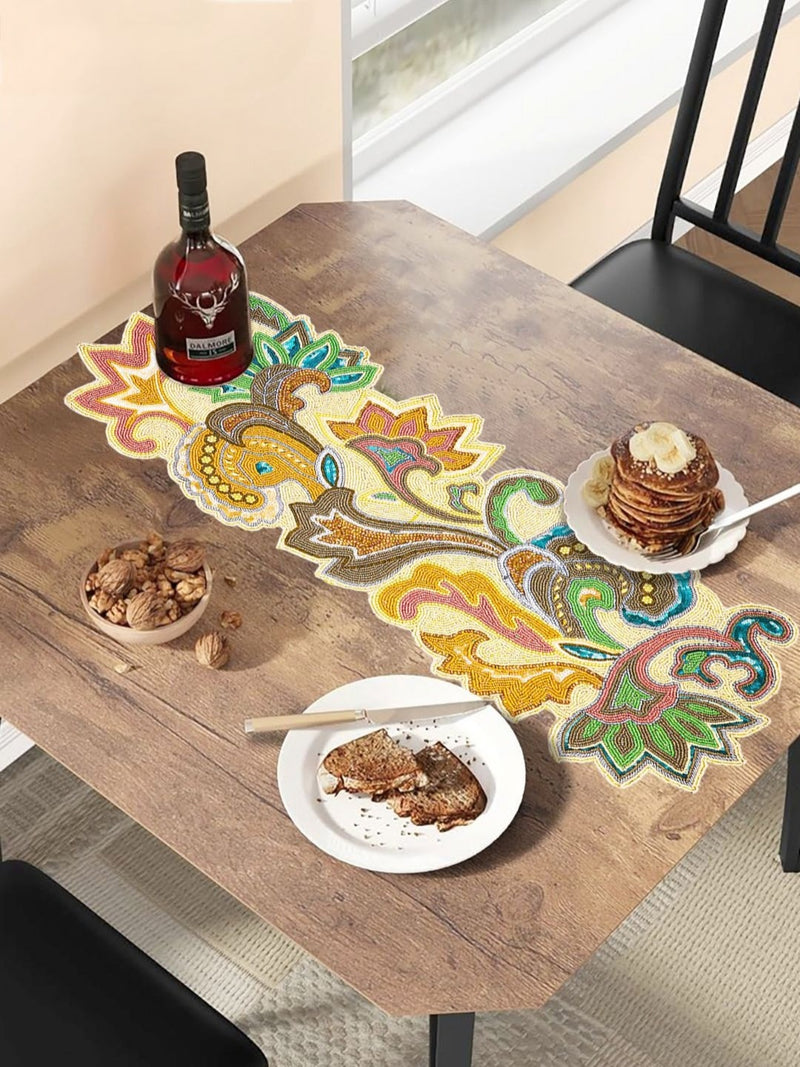 Yellow Green Beaded Floral Table Runner