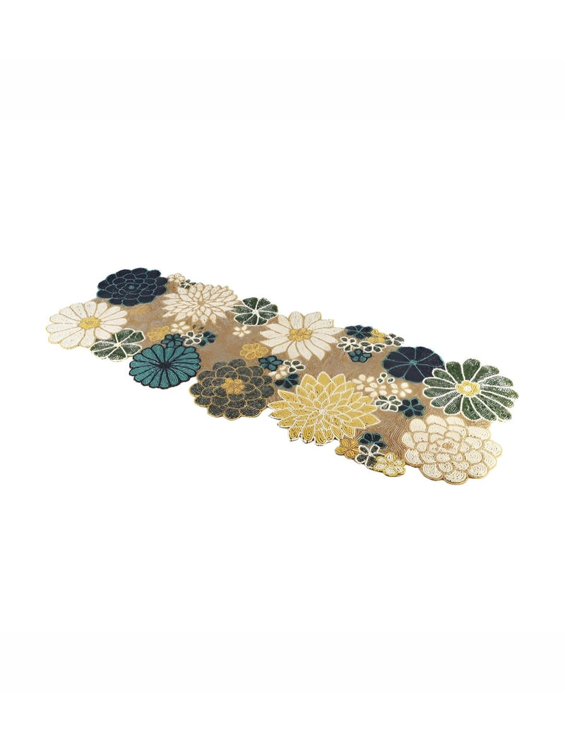 Green Beige Beaded Floral Table Runner