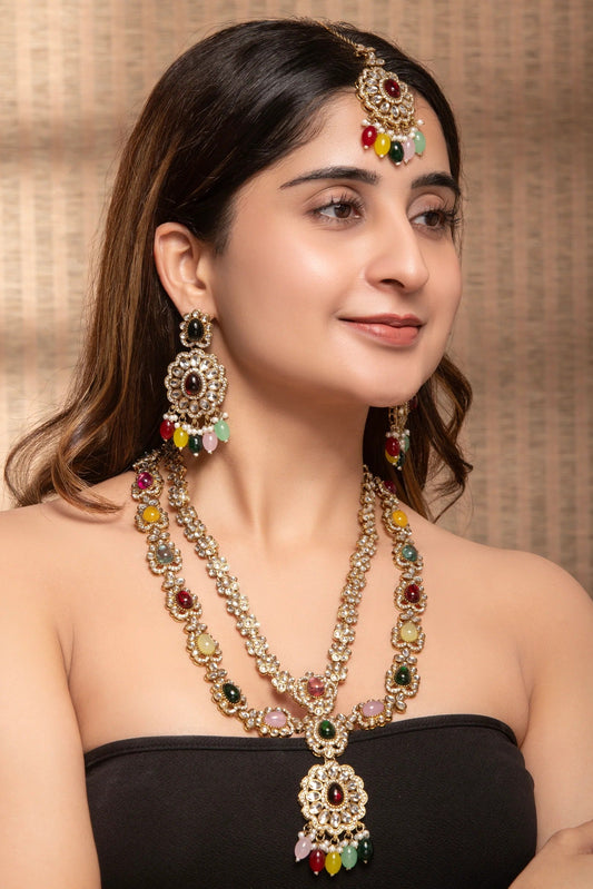 Rajsi Meenakari Long Heritage Necklace Set with Earrings & Maang Tikka