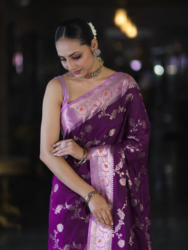Royal Purple Banarasi Handloom Tissue Saree with Butti Design & Sthiched Blouse