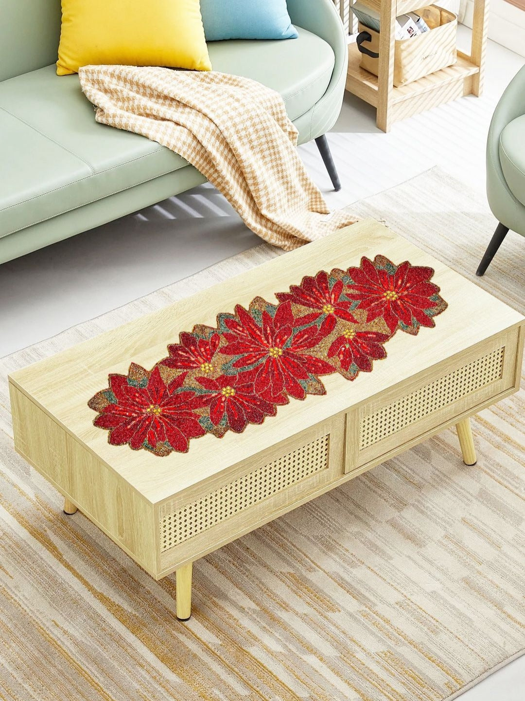 Maroon Brown Beaded Floral Table Runner