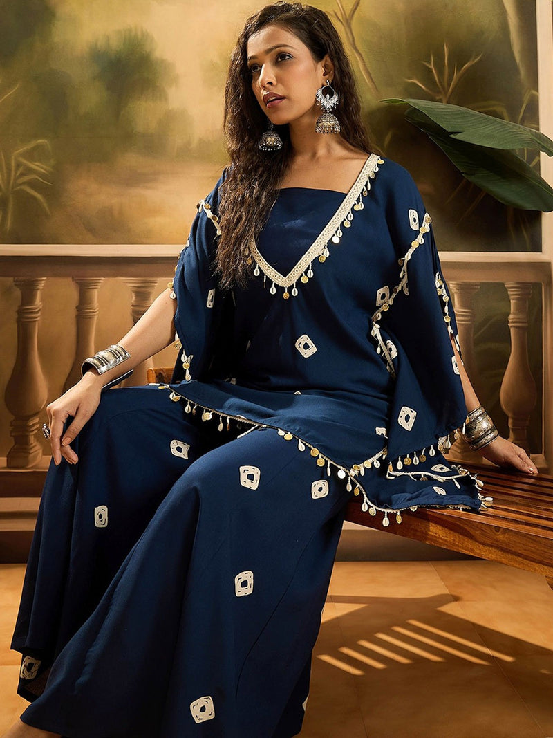 Rayon Blue Beige Bandhej Kaftan Set