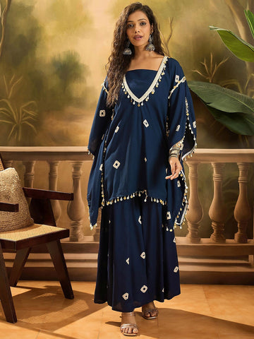 Rayon Blue Beige Bandhej Kaftan Set