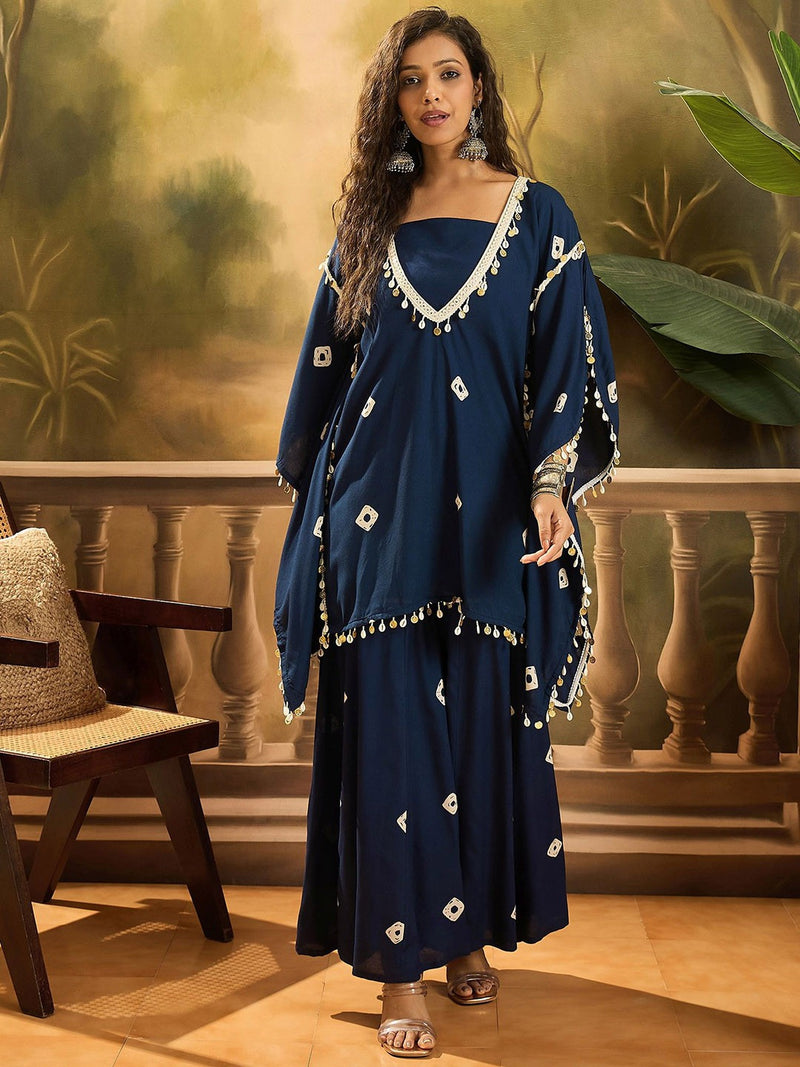 Rayon Blue Beige Bandhej Kaftan Set