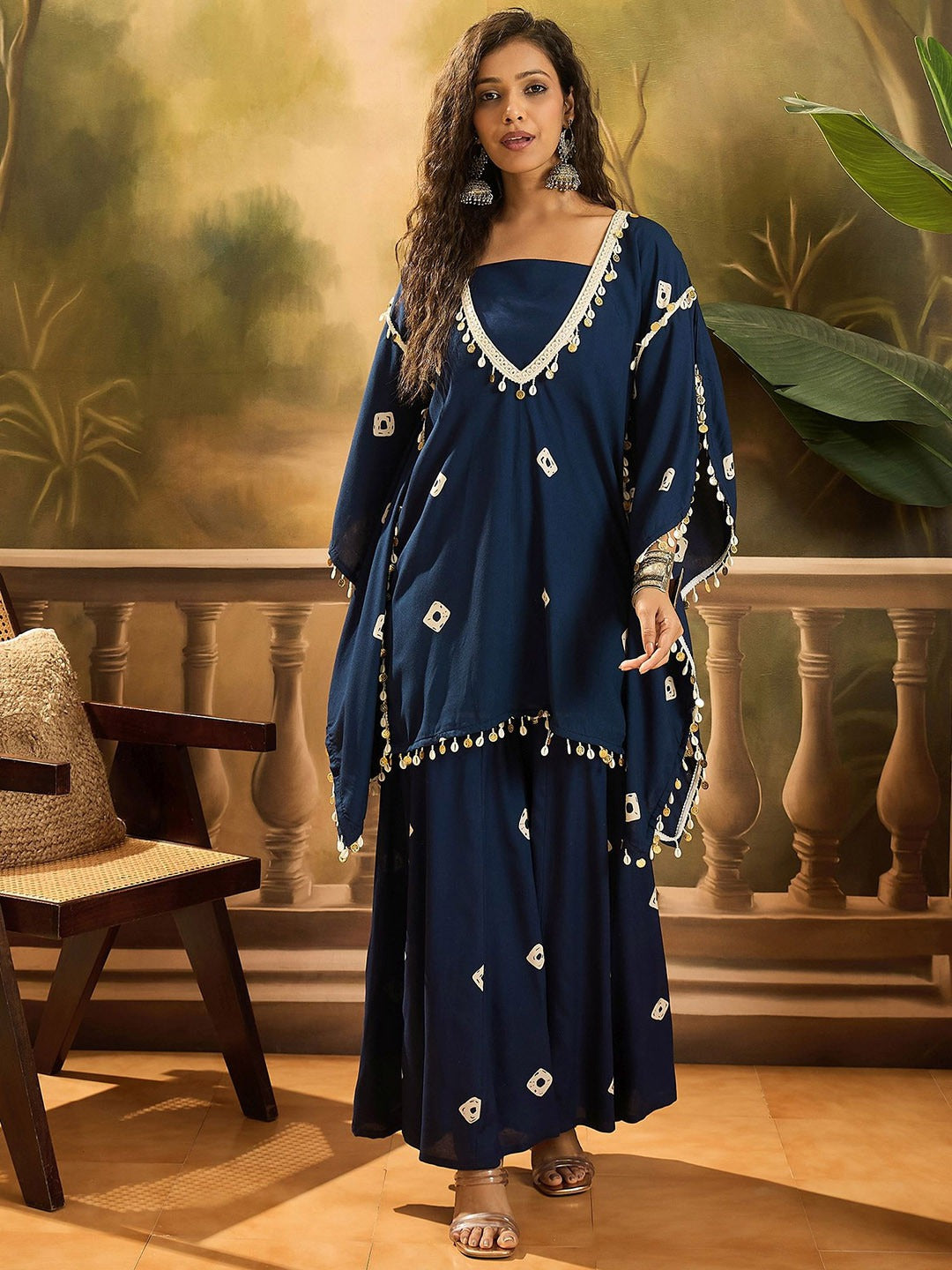 Rayon Blue Beige Bandhej Kaftan Set