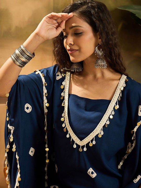 Rayon Blue Beige Bandhej Kaftan Set