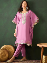 Silk Blend Purple Mirror Work Kaftan