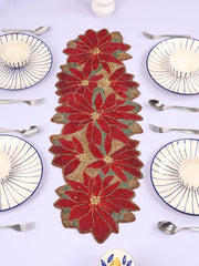 Maroon Brown Beaded Floral Table Runner