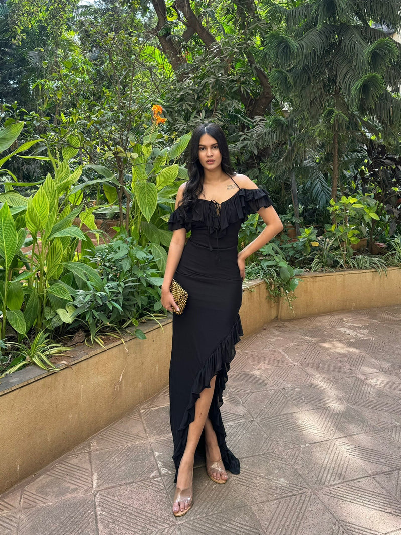 Black Lycra Ruffle Dress