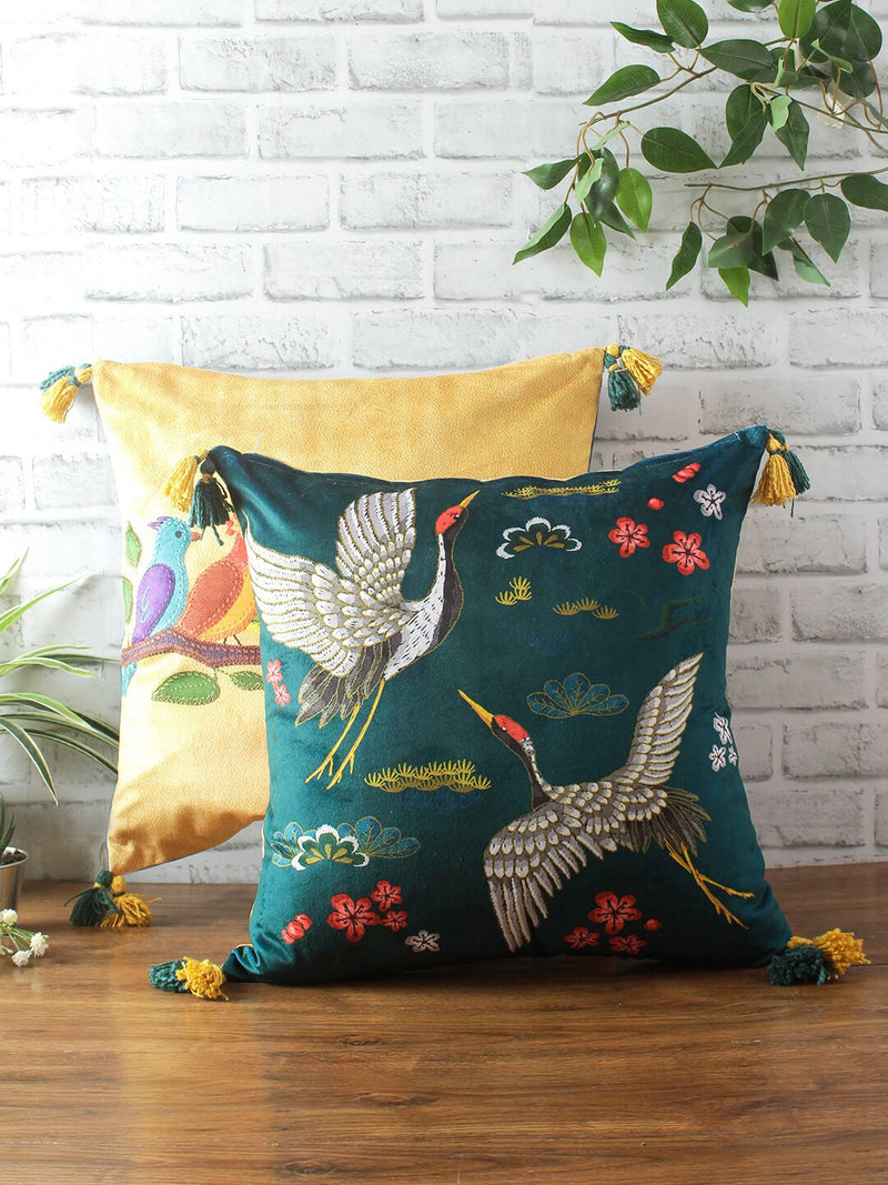 Yellow Velvet Embroidered 2-Piece Cushion Covers