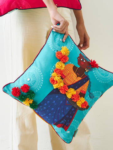 Blue Orange Flower Vendor Cushion Cover