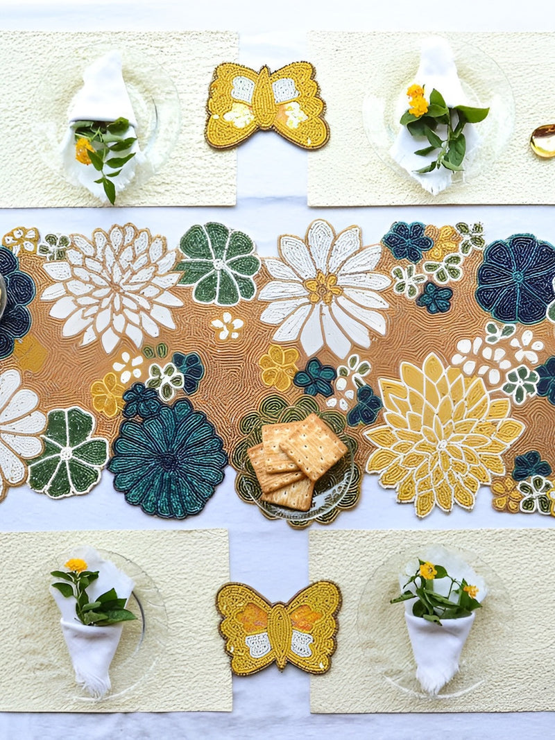 Green Beige Beaded Floral Table Runner