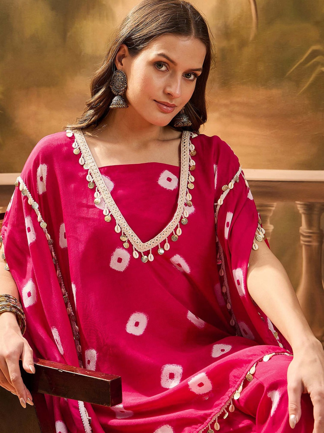 Viscose Rayon Bandhej Kaftan Sharara Set