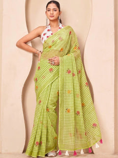 Silk  Floral Checked Woven Design Border Saree